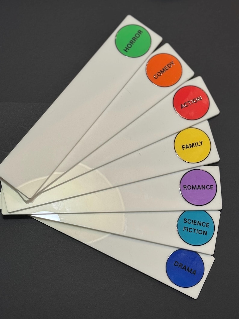 May include: A set of seven white fan-shaped bookmarks arranged in a stack. Each bookmark features a circular colored label at the top with black text reading Horror, Comedy, Action, Family, Romance, Science Fiction, and Drama respectively.