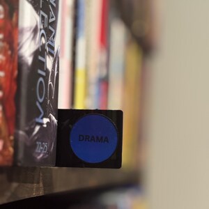 May include: A black rectangular shelf divider featuring a circular blue insert with the word DRAMA printed in black text. The divider is positioned between books on a shelf, serving as a label to categorize the collection of media items.