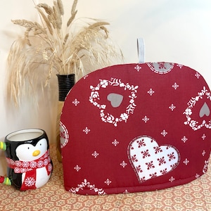 Hearts and Snowflakes on Red Tea Cozy, Tea lover gift, New Home gift, Christmas Tea Cosy for Teapot, Mum gift, S, M, L, XL sizes