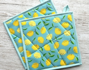 Thick 5-layer Pot Holders, Juicy Lemons on Turquoise Potholders, New Home gift, Housewarming gift, Hostess gift, Set of 2