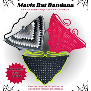 Può includere: Immagine di tre bandana a pipistrello all'uncinetto in grigio, rosso e nero con finiture verde neon. Il testo recita "Mavis Bat Bandana" e "Crochet Pattern by Lacie of CrochetintheSky." Include un modello extra bonus.