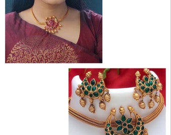 Beautiful Gold plated Matt finish choker set,south Indian Jewelry,temple jewelry,Bollywood jewelry,Party wear choker antique jewelry