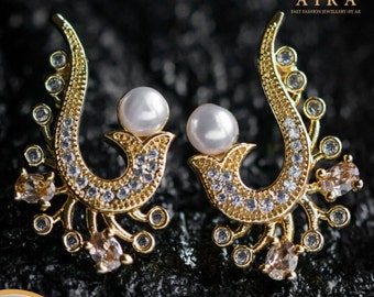 High quality Gold plated Cubic zirconia earrings,American diamond earrings,Party wear earrings,Stud earrings tops,Gift,CZ,pearl earrings