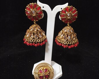 Beautiful Kundan jhumka earrings with finger ring,Red jhumka,Bollywood Jewellery,South Indian Earrings,Indian jewelry,Pakistani jewellery