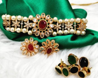 Beautiful choker necklace set,CZ choker,Indian jewelry,Bollywood jewelry,partywear choker,ethnic jewelry, Pakistani jewelry,wedding jewelry