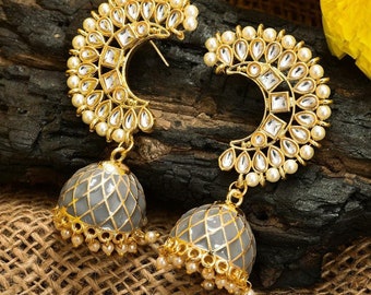 Meenakari jhumka /hoop earrings/ Bollywood Jewelry /Indian earrings UK/white pearl jhumka earrings/kundan earrings