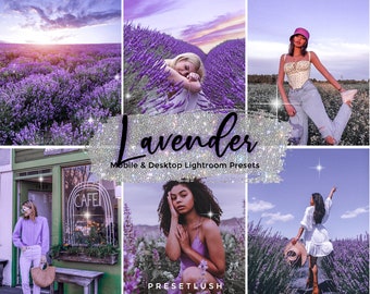 3 ajustes preestablecidos de Lightroom en tonos lavanda: tonos morados, para dispositivos móviles y de escritorio (DNG, XMP)