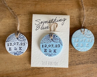 Personalised Something Blue Just For You - Date and Initials - lace design - Bouquet charm - Gift for the Bride - Round Charm