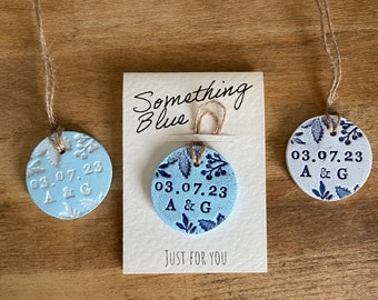 Personalised Something Blue - Something Blue Gift - Date and Initials - leaves design - Bouquet tie - Round Charm