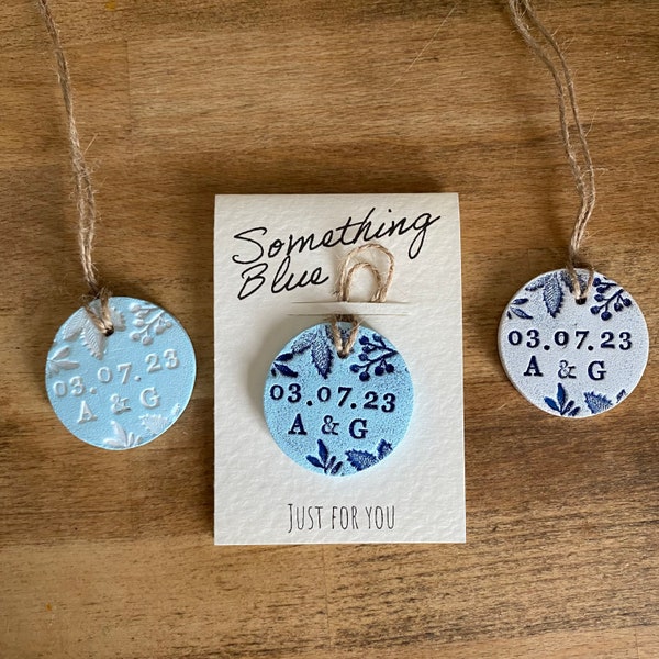 Personalised Something Blue - Something Blue Gift - Date and Initials - leaves design - Bouquet tie - Round Charm