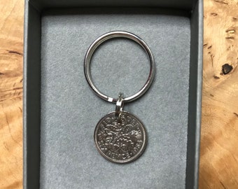 1964 Sixpence Coin Keyring in Gift Box