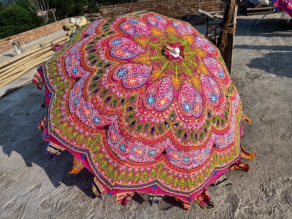 Embroidered Cotton Garden Umbrella: Vintage Sun Shade Parasol