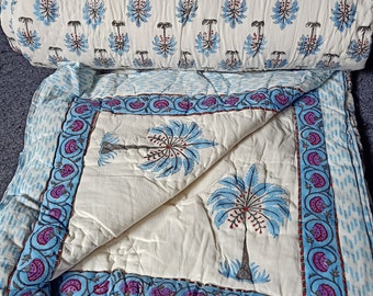 Indian Block Print Quilt Queen Size Handmade Cotton Bedspread Boho Bedroom Decor