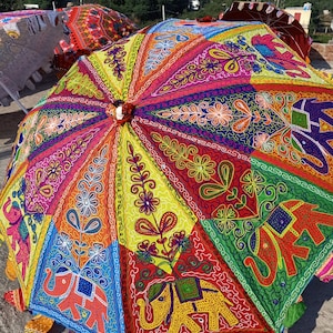 Guarda-chuvas decorativos de designer, guarda-sol tradicional indiano multicolorido, guarda-sol grande para pátio, guarda-sol bordado