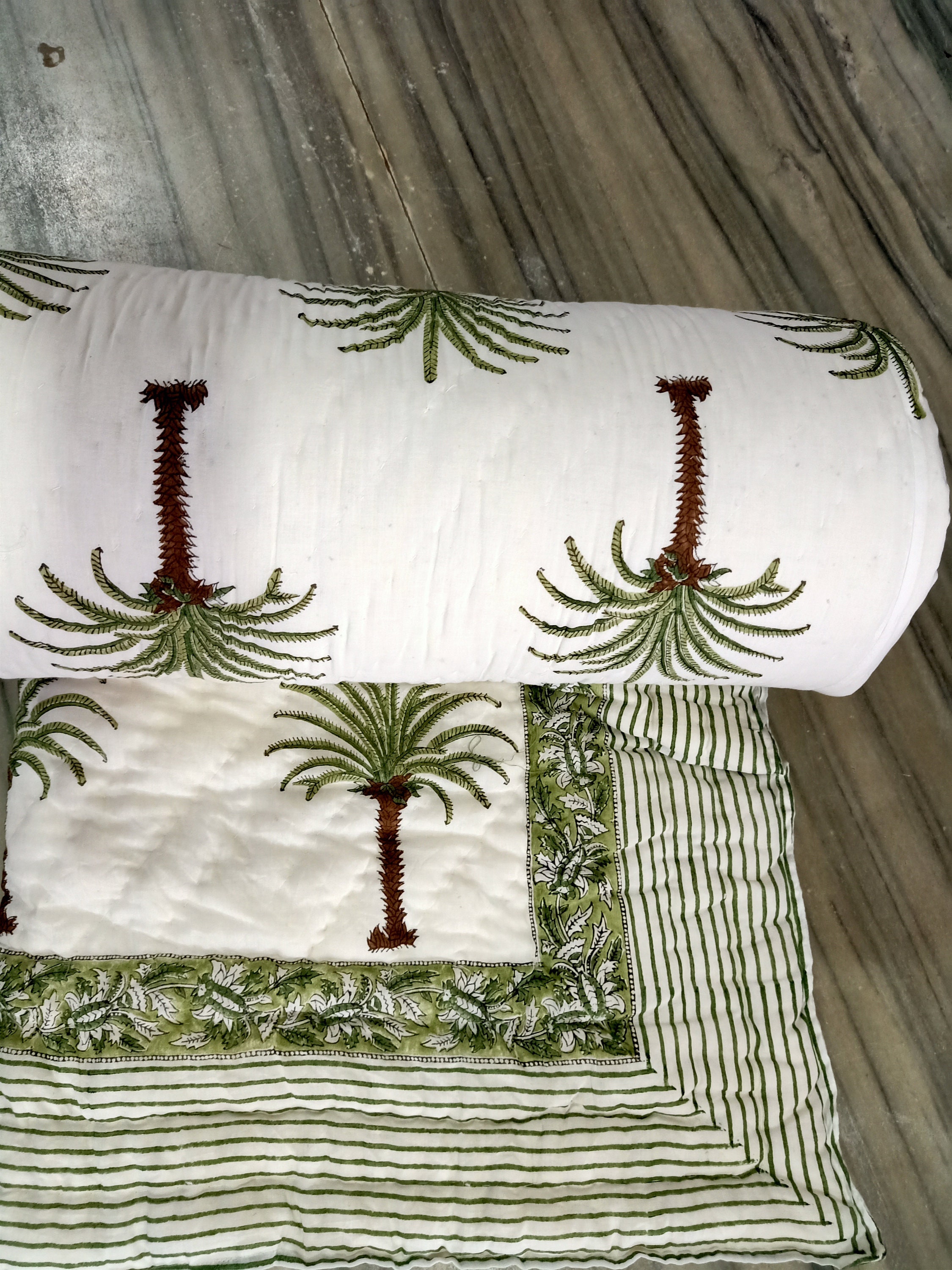Green Palm Tree Quilthand Block Printed Comforterwarm and | Etsy