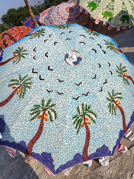 embroidered patio umbrellas Handcrafted Embroidered Indian Parasol: Large Patio Garden Umbrella