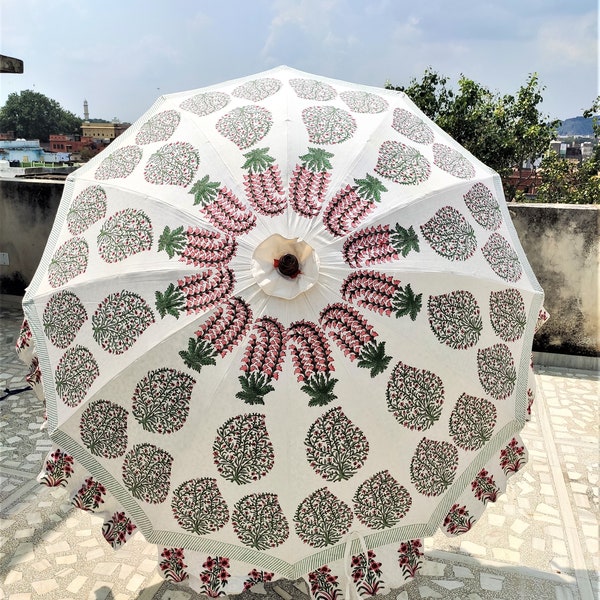 White Block Printed Garden Umbrella, Indian Patio Parasol, Sun Shade Umbrella, Beach Cafe Outdoor Umbrella,Shade Patio Umbrella Large Stand