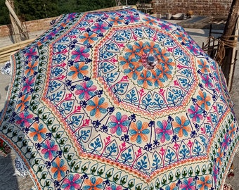 Parasol ogrodowy z bawełny z haftem w stylu vintage: duży, ręcznie drukowany parasol przeciwsłoneczny