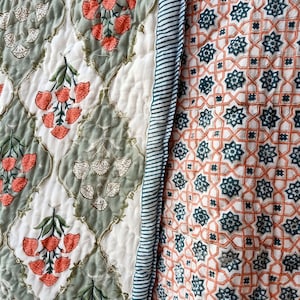 Handmade Quilt Hand Block Printed~Reversible Blanket~100% Cotton Quilt~Indian Quilt~Winter Quilt~Cotton Filling Quilt~Queen size~Home decor