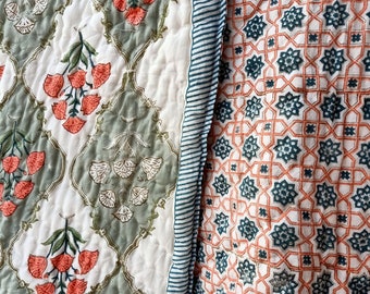 Hand Block Printed Cotton Quilt| Reversible Floral Bedspread| Jaipuri Handmade Kantha Quilt