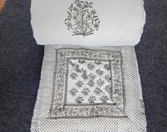 Handmade Queen Quilt: Gray & White Block Print Cotton Comforter (90x108)