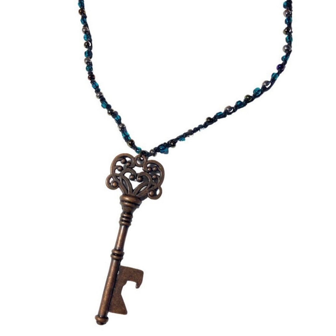 Bronze Skeleton Key Blue & Clear Glass Macrame Necklace Etsy