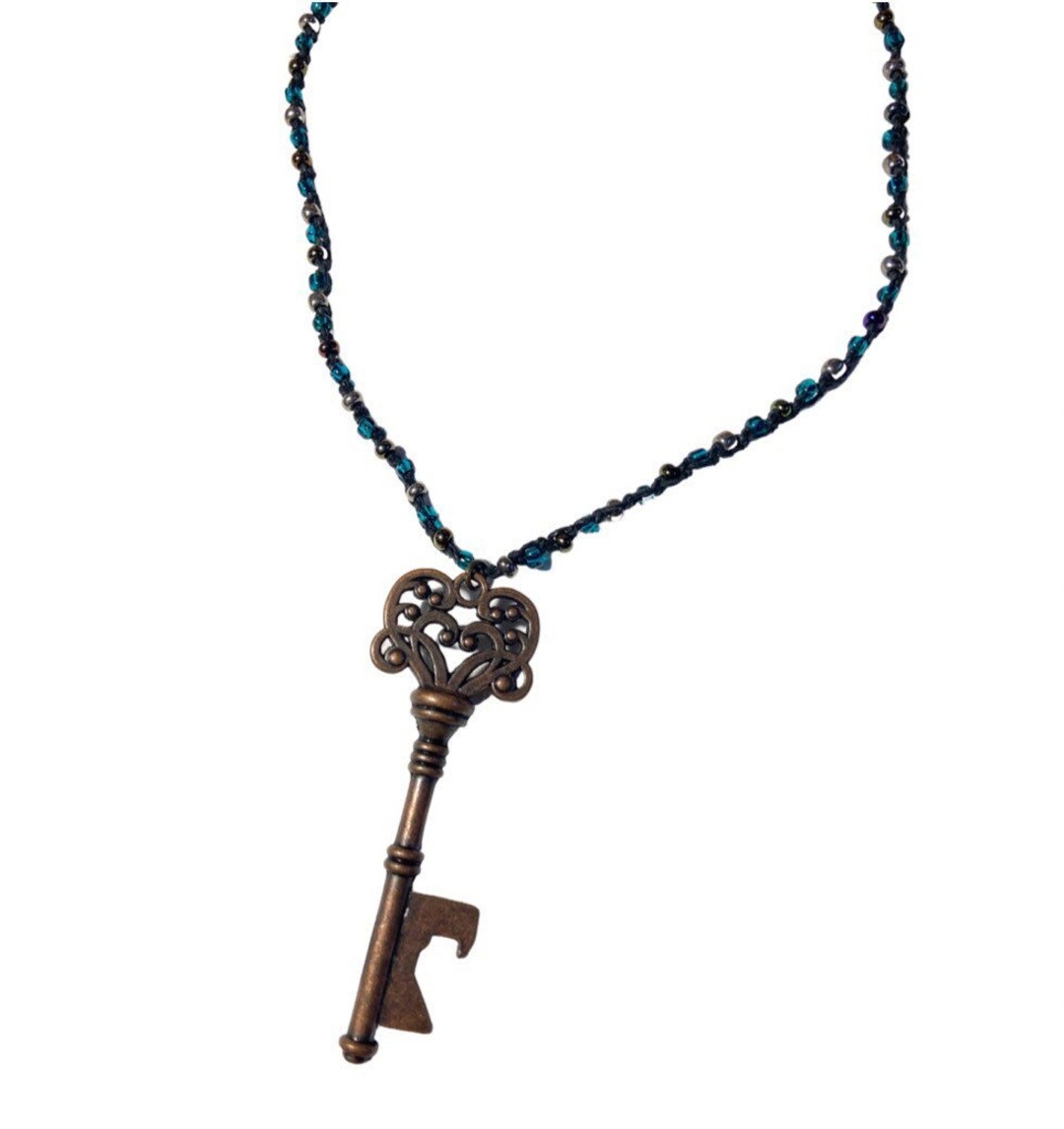Bronze Skeleton Key Blue & Clear Glass Beaded Black Hemp Etsy