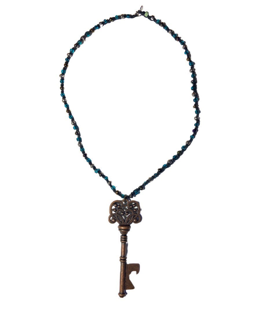 Bronze Skeleton Key Blue & Clear Glass Macrame Necklace Etsy