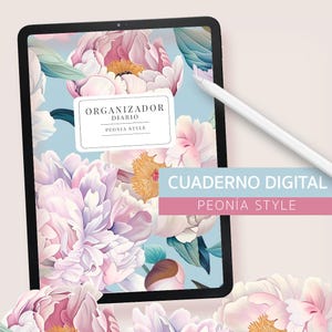 May include: Digital notebook with a floral peony design. The notebook features a light blue background with pink and white peony flowers. The text "ORGANIZADOR DIARIO PEONIA STYLE" is displayed on the cover. A white stylus rests on the screen.