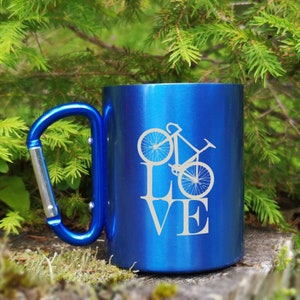 Cyclist Personalized Laser Engraved Mug, Insulated and with Carabiner handle for easy attachment on Your backpack