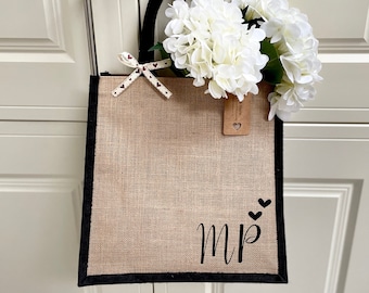 Personalised Initials Monogram Canvas Tote Bag: Black & Natural Jute Shopper