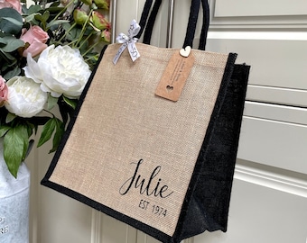 Personalised Special Age Birthday Shopping Bag, Canvas Jute Tote Bag, Present Gift For Her 21st, 30th, 40th, 50th, 60th, 70th, Ribbon Bow