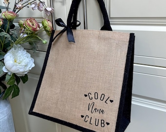 Personalised 'Cool Club' Jute Tote Shopper Bag, Custom Mothers Day Present Gift Bag For Mum, Mummy, Mam, Grandparent, Nana, Grandma, Nanny