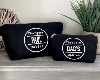 Personalised Canvas Bag, Phone Charger & Cable Storage Pouch, iPhone Travel Storage Bag, Gadgets Tidy Bag