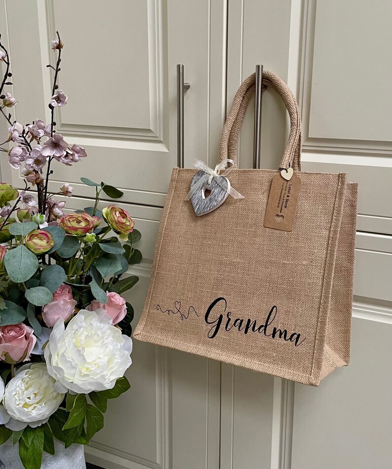 Personalised Shopping Bag, Canvas Jute Tote Bag, Birthday Or Valentines Gift, Mum Nanny Nan Nana Nanna Grandma Gran Granny, Mother's Day Bag image 1