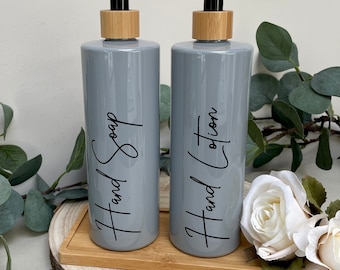 Customised Trio Set Bamboo Pump Bottles, 500ml Grey Bottles  For Bathroom, Kitchen, Utility, Bottle Storage, Two Bottles & Bamboo Tray Set