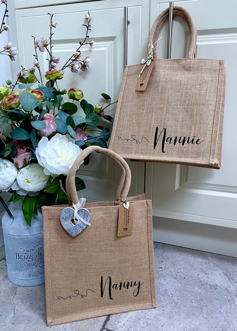 Personalised Shopping Bag, Canvas Jute Tote Bag, Birthday Or Valentines Gift, Mum Nanny Nan Nana Nanna Grandma Gran Granny, Mother's Day Bag image 3