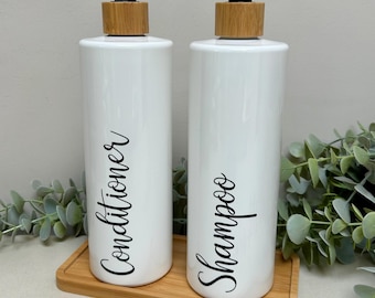 Customised Set - 2 White Pump Bottles & Bamboo Drip Tray, 500ml Bottles For Bathroom, Kitchen, Utility, Bottle Storage, Shampoo, Conditioner