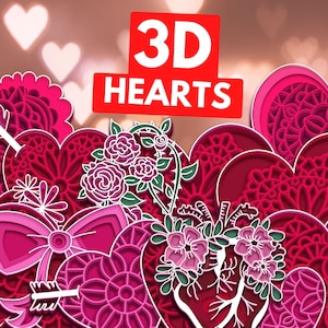 Pakiet 3D Valentines Hearts SVG, pliki SVG Cut z warstwami, natychmiastowe pobieranie, wykorzystanie komercyjne, grafiki wektorowe, svg, png, mandala, zentangle, serce