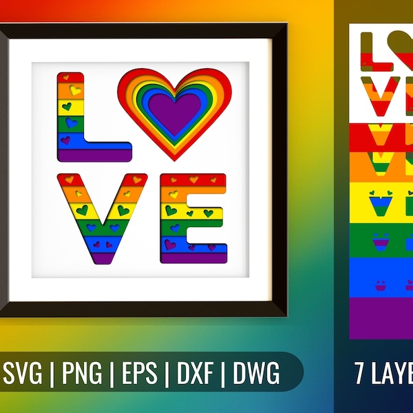 Pride Love Shadow Box SVG, Layered SVG Cut Files, instant download, commercial use, clip arts, svg, png, LGBT, Gay,  Lesbian, Diversity