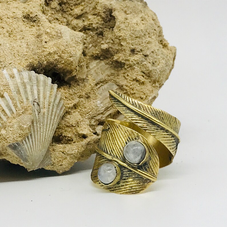 Ring with moonstone,wraparound leaf ring,ethnic ring,boho brass,moonstone,adjustable ring,adjustable,leaf