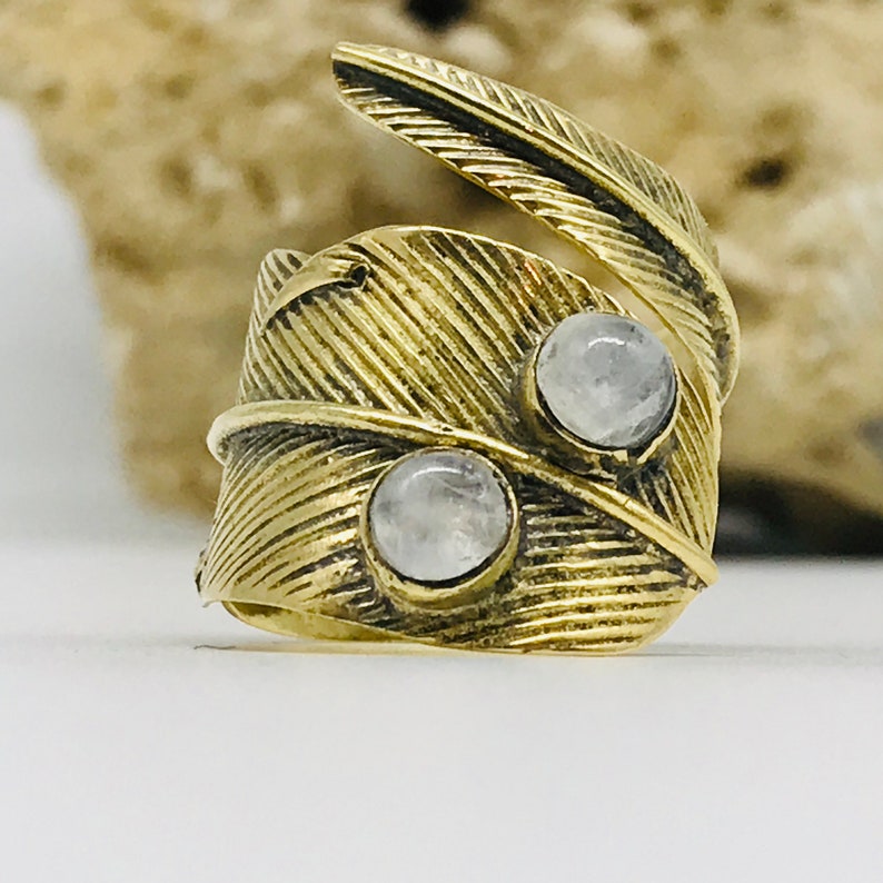 Ring with moonstone,wraparound leaf ring,ethnic ring,boho brass,moonstone,adjustable ring,adjustable,leaf
