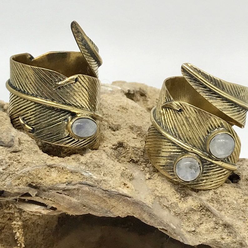 Ring with moonstone,wraparound leaf ring,ethnic ring,boho brass,moonstone,adjustable ring,adjustable,leaf