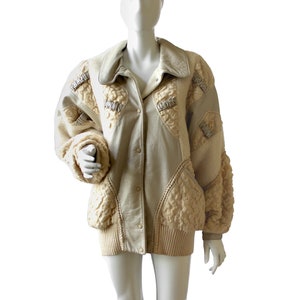 Vintage Wolle Alpaka Haar Mantel Jacke Leder Handgemacht Elfenbein Creme Puffy Kugelfisch Oma Shaggy Fuzzy 1980er Jahre Mittel - Norma of Canada Lepofsky