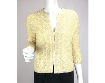 Cárdigan vintage con cuentas, color crema miel, lentejuelas, años 50/60, talla pequeña - Huppert