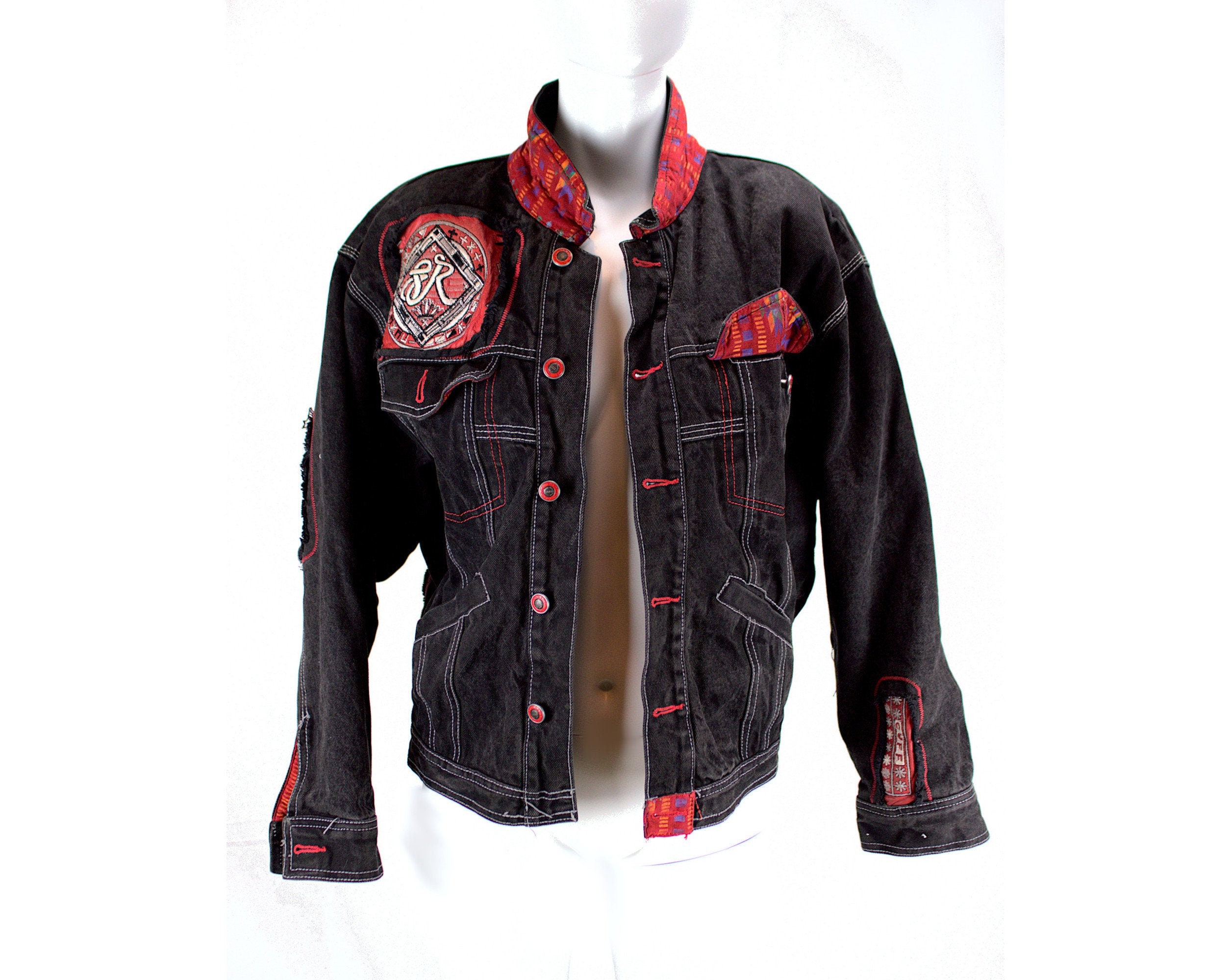 Vintage Jacket Black Denim and Red Leather Handmade OOAK Streetwear Western Pioneer Native American 1990's Size Medium Large Major Damage - Etsy Vintage Jacket Black Denim and Red Leather Handmade OOAK Streetwear Western Pioneer Native American 1990's Size Medium Large Major Damage - Etsy