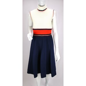 Vintage Sweater Dress Retro Mod Sleeveless Turtleneck Navy Blue Skirt Ivory Top Red 1960&#39;s 70&#39;s size Small - Nardis of Dallas