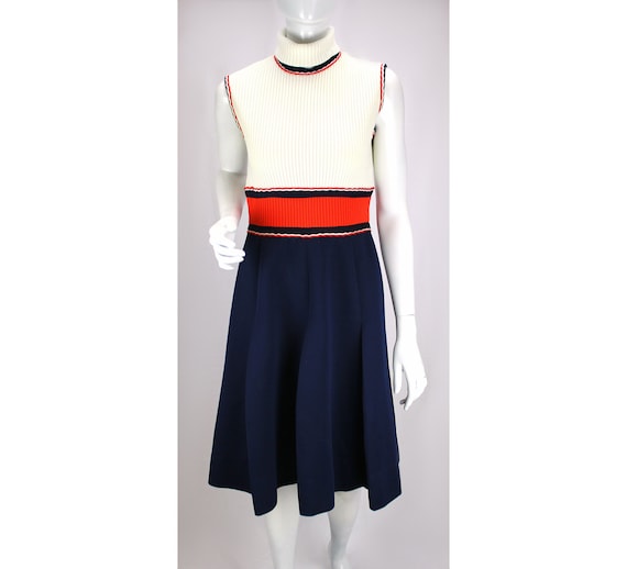 Vintage Sweater Dress Retro Mod Sleeveless Turtleneck Navy Blue Skirt Ivory Top Red 1960's 70's Size Small - Nardis of Dallas