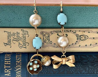 Pauline - Vintage Drop Earrings Asymmetrical Design Gold Pearls Light Blue Elegant Jewelry For Women