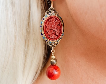 Melissandre - VINTAGE Chinese Carved Red CINNABAR Drop Earrings Intricate Oval Bronze Filigree Setting Red Coral Beads Painted Enamel OOAK